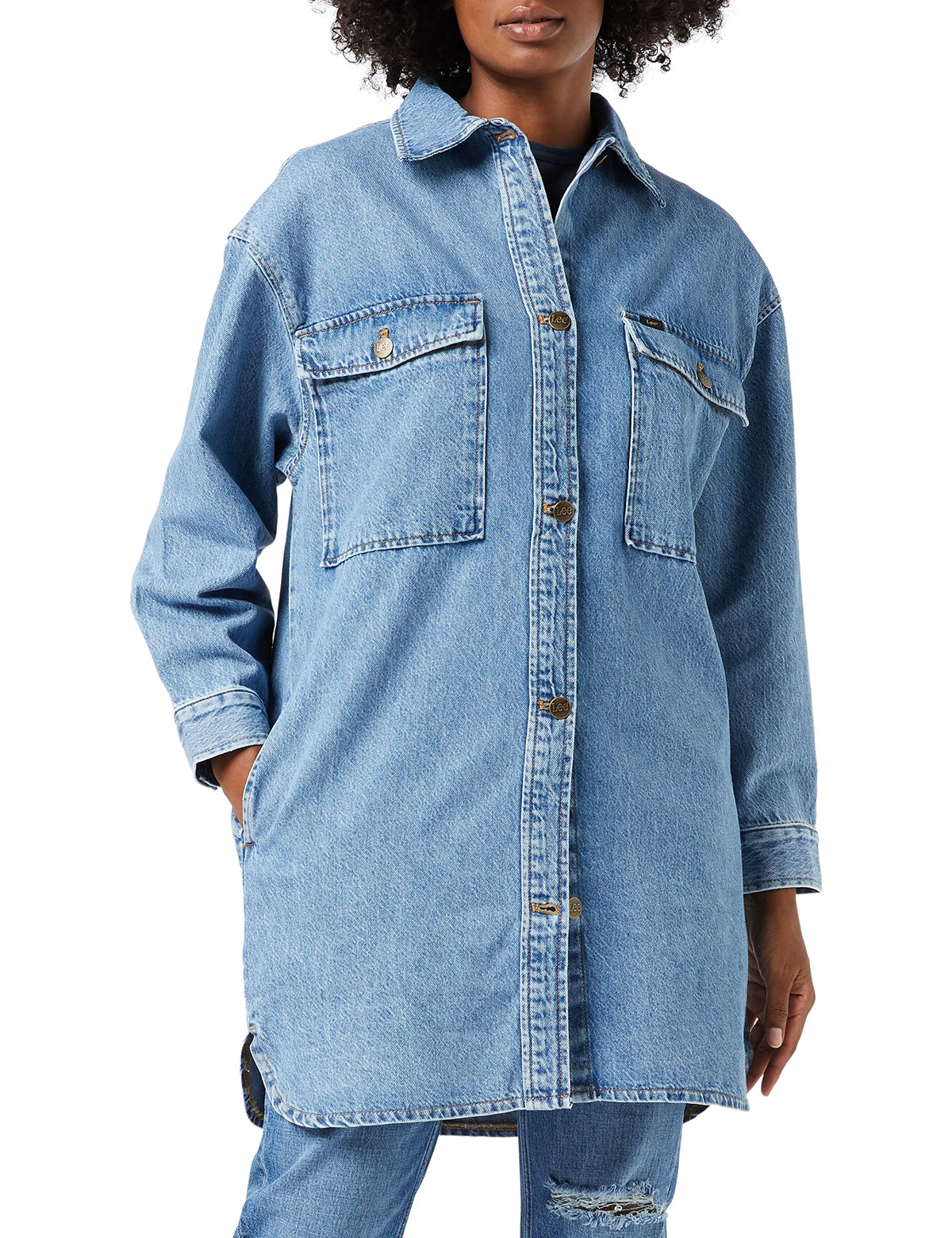 Women's Elongated Overshirt Shirt by Lee – Cotton, Navy Blue, Model L50WAZMW