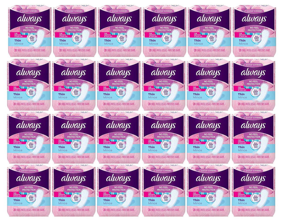 Thin Pantiliners - scented - 20 pack (Case of 24) by Always – 20 Count (Pack of 24), Cotton, #1087, Pack of 24, Model 426899