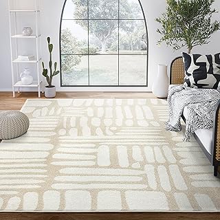 Abani Nuevo Collection Area Rug - Neutral Beige/Cream Abstract Design - 6'x9' - Easy to Clean - Durable for Kids & Pets - Non-Shedding - Medium Pile - Soft Feel - for Living Room, Bedroom & Office