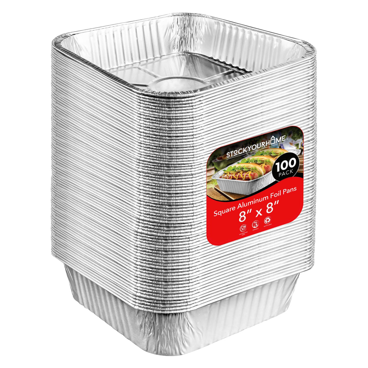 8x8 Foil Pans (100 Pack) 8 Inch Square Aluminum Pans - Foil Pans - Disposable Food Containers Great for Baking Cake by Stock Your Home – 100 Pack, Aluminum, Model SYH-2277-QV-2CT