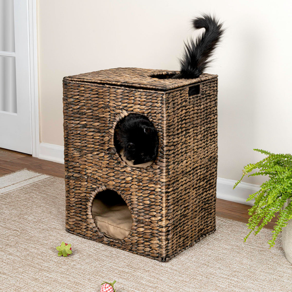 Jaxon 18" Modern Classic 2-Tier Handwoven Hyacinth Rectangular 5-Hole Cat Condo with 2 Machine-Washable Cushions by THE LICKER STORE – One Size, Water Hyacinth, Model CHS1000B