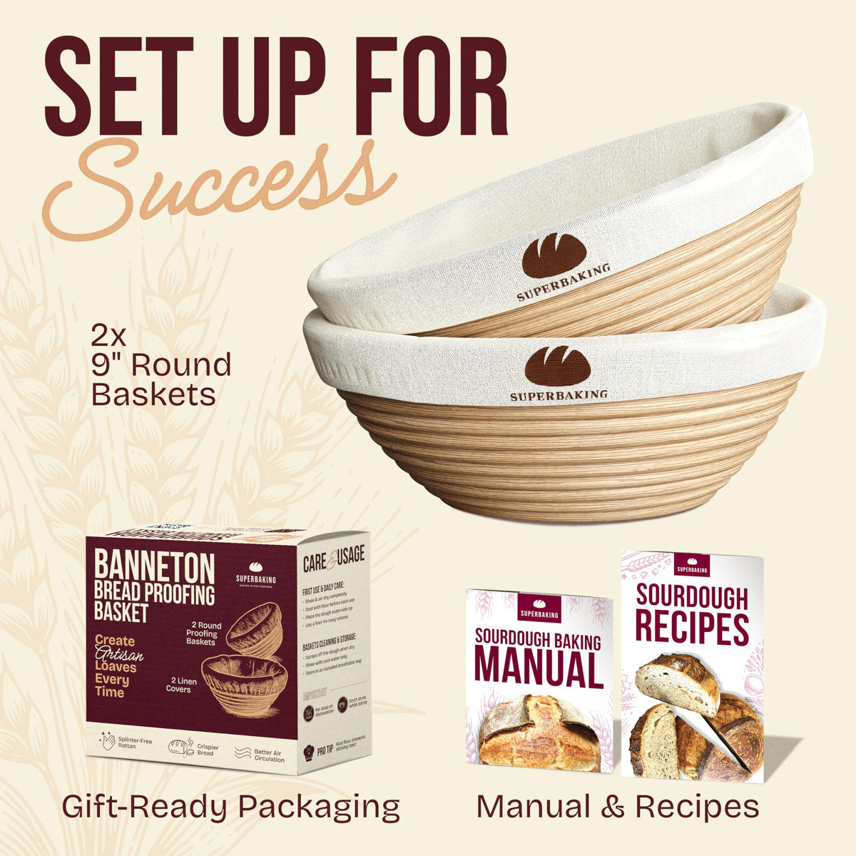 Superbaking Sourdough Banneton Proofing Basket, 9 Inch Round, Set of 2