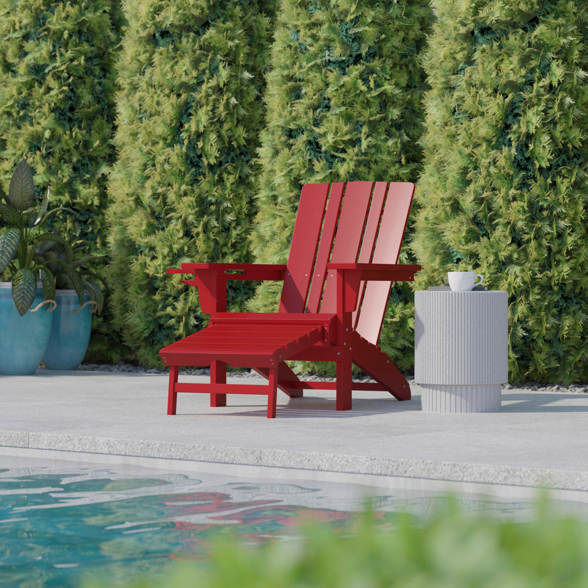 Halifax Poly Resin Adirondack Chair with Cup Holder and Pull Out Ottoman by Flash Furniture – Set of 2, Plastic: Polyethylene (HDPE), Red, Pack of 2, Model 2-LE-HMP-1045-110-RD-GG