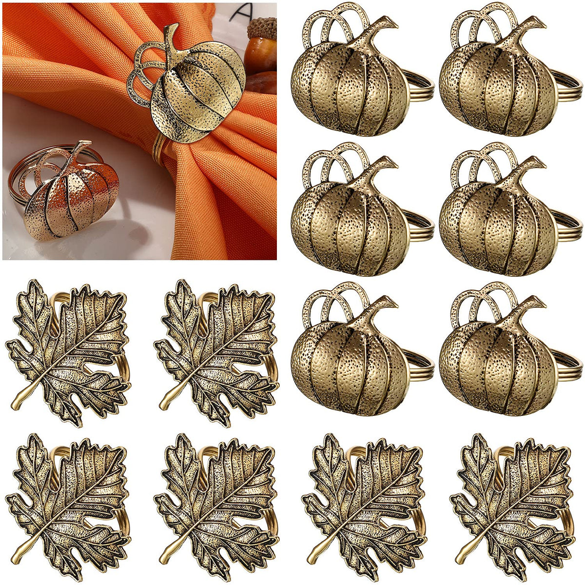 Patelai Napkin Rings, 12 Pack Metal, Bronze Maple Leaf Pumpkin