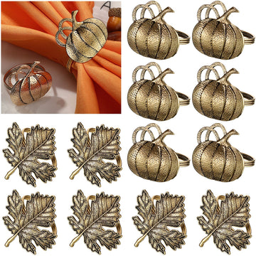 Patelai Napkin Rings, 12 Pack Metal, Bronze Maple Leaf Pumpkin