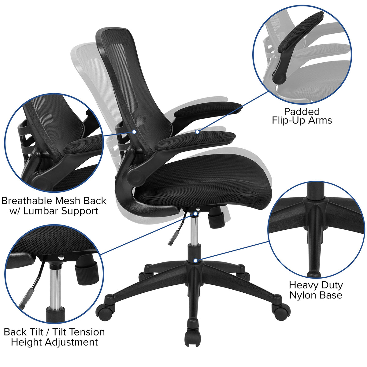 Mesh Swivel Ergonomic Office Chair by Flash Furniture – Set of 5, Mesh, Metal, Foam, Leather/Faux Leather, Plastic, Black Mesh, Pack of 5, Model 5-BL-X-5M-BK-GG