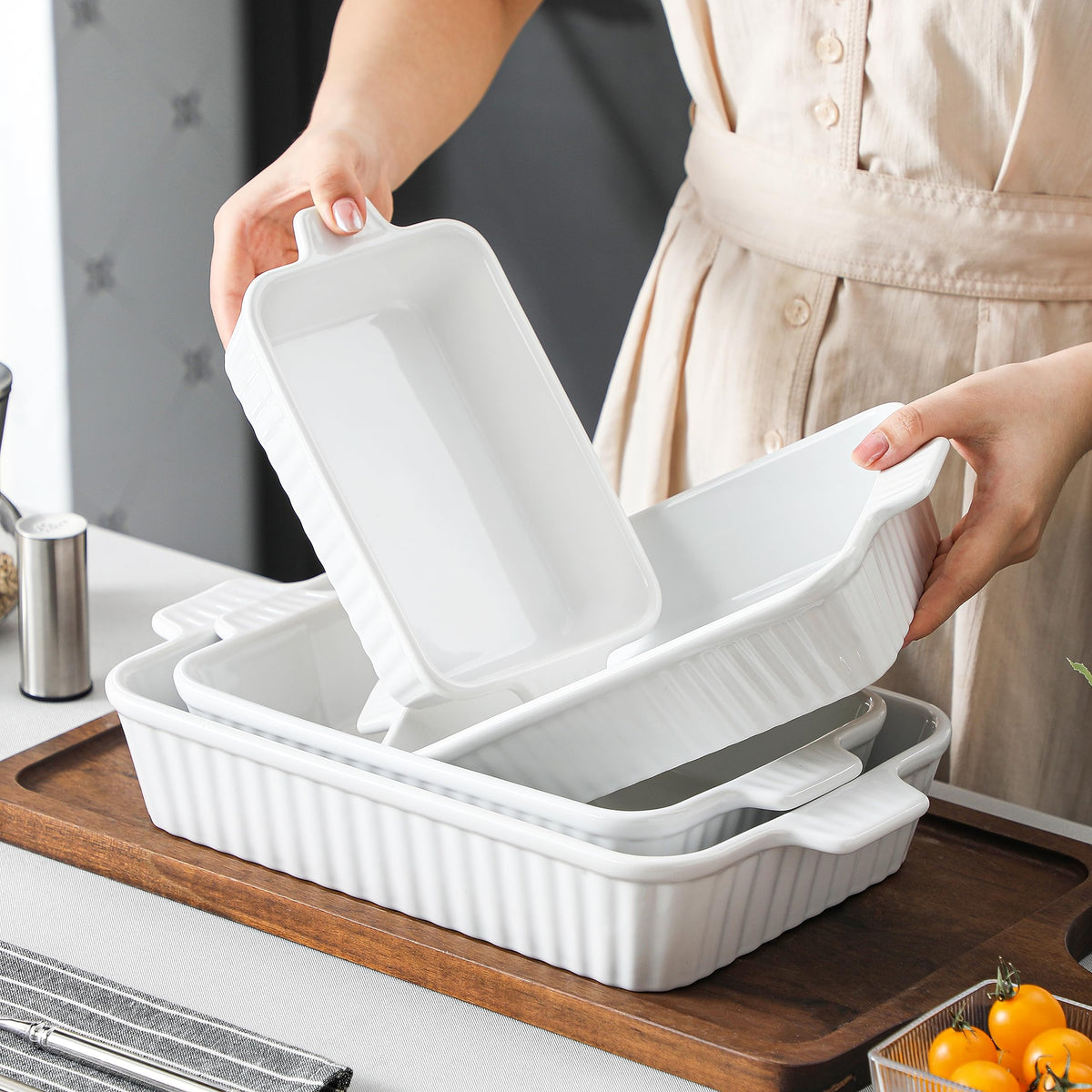 Malacasa Ceramic Casserole Set, 4 Rectangular Dishes, White