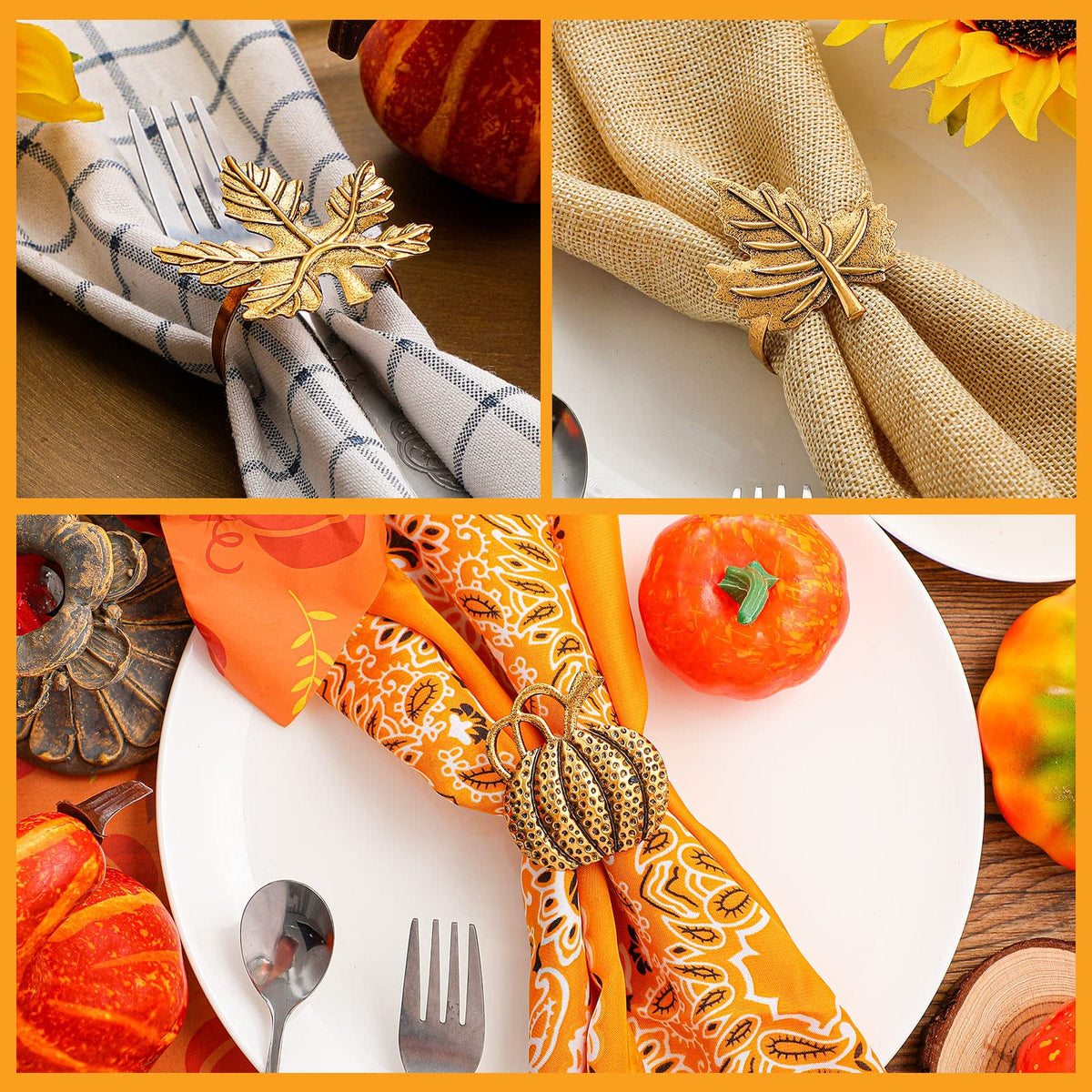 Willbond Thanksgiving Napkin Rings, 12 Piece Set, Golden