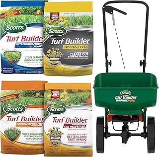 Turf Builder Bundle with Lawn Spreader for Small, Northern Lawns | 4 Bag Lawn Care Bundle with a Scotts Turf Builder EdgeGuard Mini Broadcast Spreader for Seamless Application