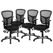 Nicholas Mid-Back Black Mesh Multifunction Executive Swivel Ergonomic Office Chair with Adjustable Arms by Flash Furniture – 4 Pack, Model 4-HL-0001-GG