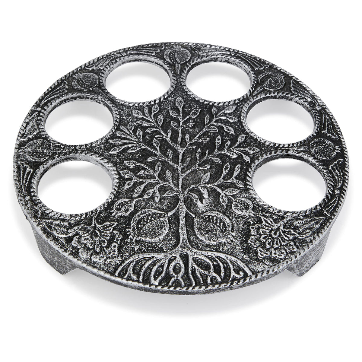 Zion Judaica Seder Plate, Antique Silver Metal With Glass Inserts, Tree Motif