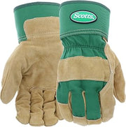 Scotts Men's Durable Split Cowhide Leather Palm Work Gloves, Abrasion Resistant, Safety Cuff, Padded Knuckle, Green/Yellow, Large, (SC75525/L)