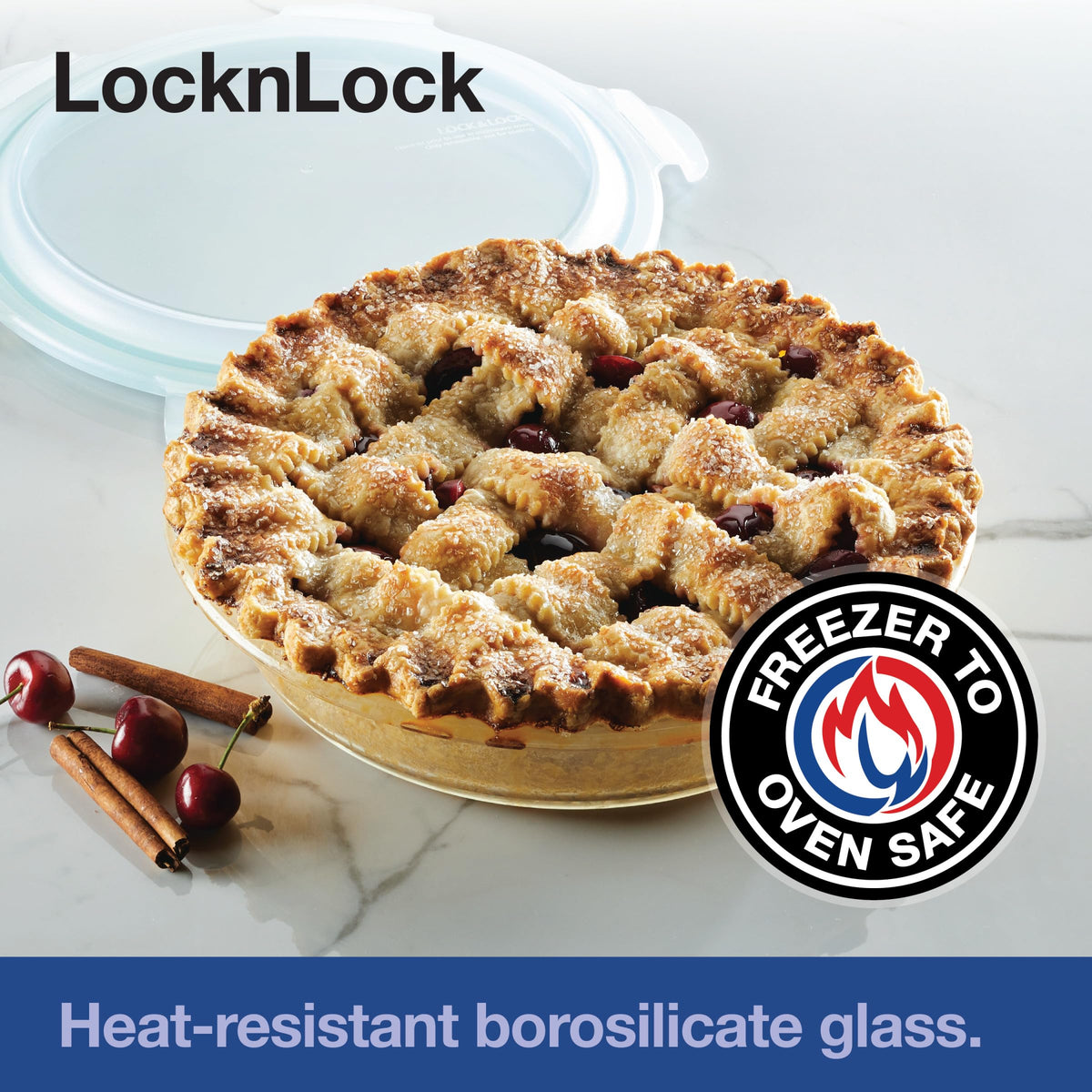 LocknLock Glass Pie Dish with Lid, 9.5 Inch Round, Clear