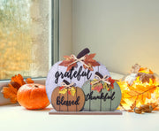 Cynosa Wooden Pumpkin Table Sign, Blessed Grateful Thankful, Yellow