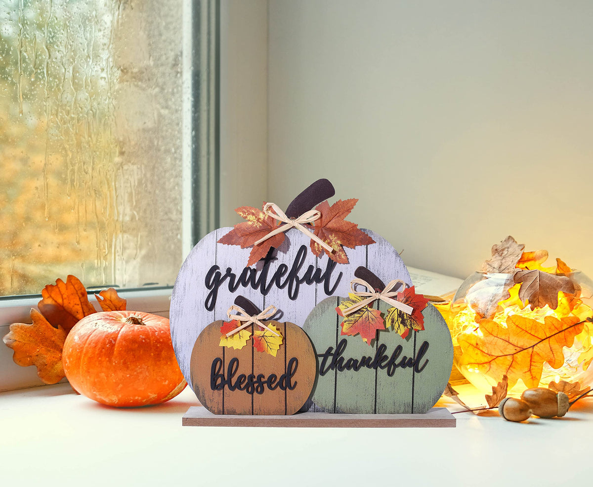 Cynosa Wooden Pumpkin Table Sign, Blessed Grateful Thankful, Yellow