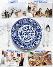 Hioasis Plastic Dinner Plates, 60 Piece Set for 30 People, White and Blue