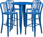 Flash Furniture Commercial Grade 30" Round Blue Metal Indoor-Outdoor Bar Table Set with 4 Vertical Slat Back Stools