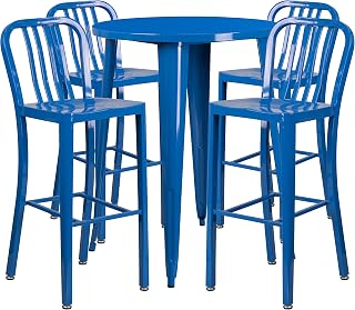 Flash Furniture Commercial Grade 30" Round Blue Metal Indoor-Outdoor Bar Table Set with 4 Vertical Slat Back Stools