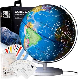 SMART WALLABY 9" Illuminated Educational Kids World Globe + STEM Flags & Countries Interactive Card Game. 3 in 1 Children Desktop Spinning Earth Political & Constellation Maps, LED Night Light Lamp