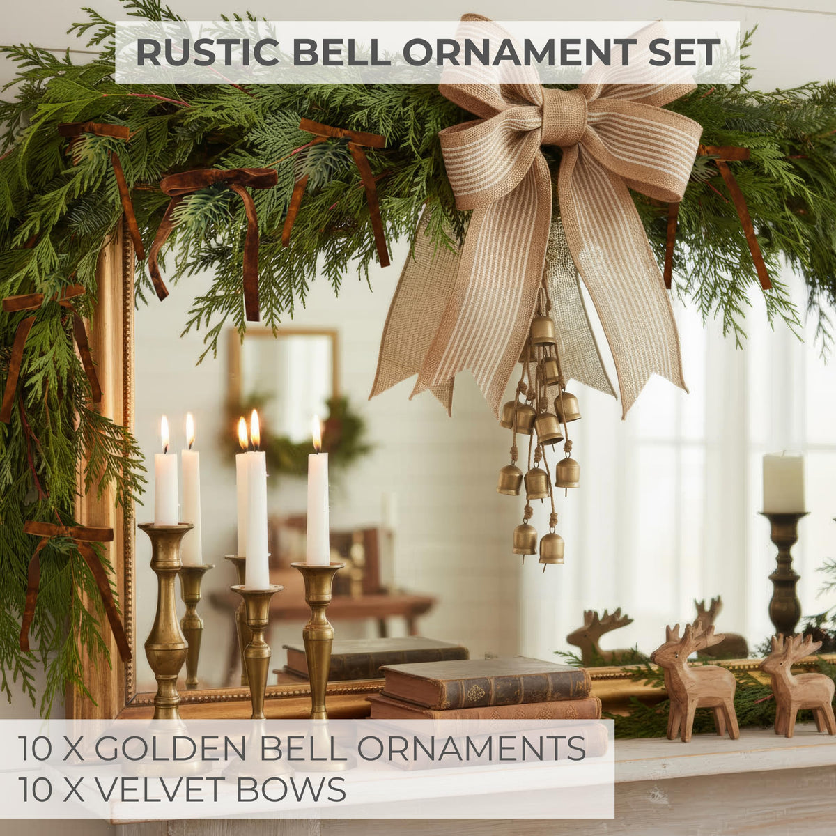 Kibaga Christmas Bell Ornaments, Gold Iron Set of 10 with Velvet Bows