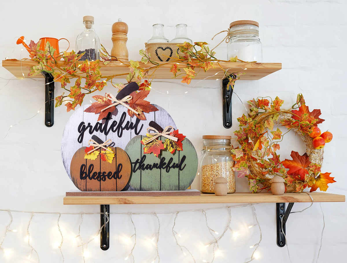 Cynosa Wooden Pumpkin Table Sign, Blessed Grateful Thankful, Yellow
