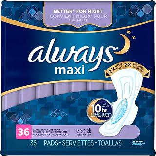 Always Maxi Pads Overnight Extra Heavy with Flexi-Wings, Unscented, 36 Count