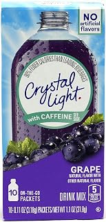 Crystal Light On-The-Go Drink Mix Packets with Caffeine, Zero Sugar Powdered Water Enhancer, Natural Flavor Low Calorie Beverage Mix, Energy Drink Mix for Flavorful Hydration, Grape, 0.11 Ounce Packets, 10 Count (Pack of 12)
