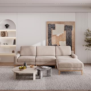 Modular Sectional Sofa, L-Shaped Couch Linen-Like Polyester Fabric Couch with Machine Washable Removable Covers with Metal Connectors, Wood Legs for Living Room, Khaki