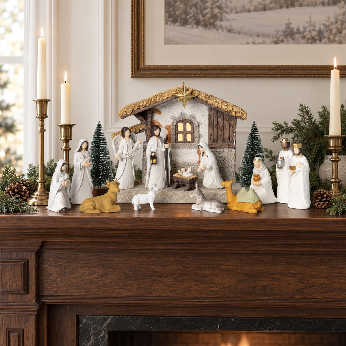Gleemoria Nativity Scene with Lighted Stable, 17 Pieces, White