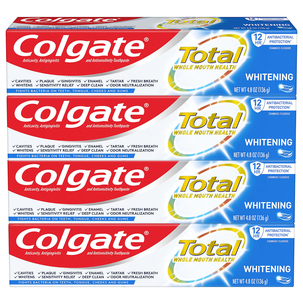 Total Whitening Toothpaste Gel - 4.8 ounce (4 Pack) by Colgate – 4.8 Ounce (Pack of 4), Whitening Mint Gel, Pack of 4, Model 424315