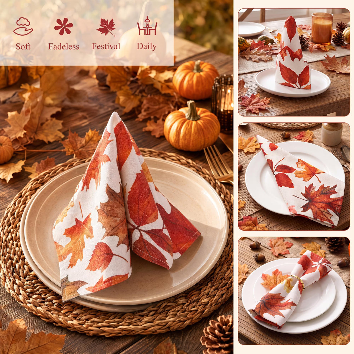 Kochorie Cloth Napkins, 18 x 18 Inch Set of 12, Autumn Maple Leaf Print