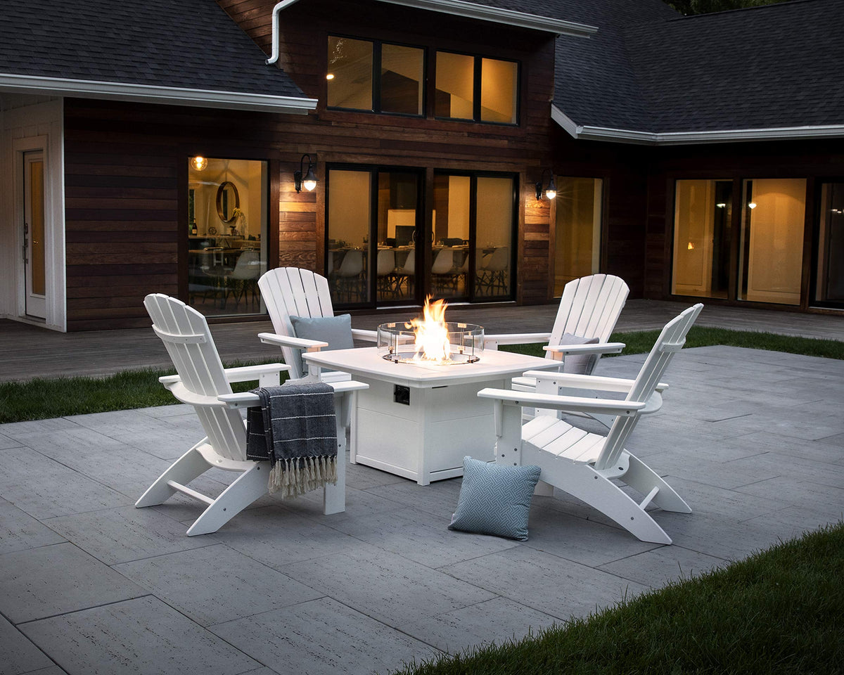 Nautical 5-Piece Curveback Adirondack Chair Conversation Set with Fire Pit Table by Polywood – Onesize, High Density Polyethylene, Pacific Blue / White, Model PWS409-1-10347