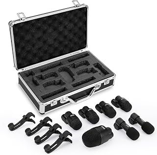 Pyle 7-Piece Drum Microphone Kit with Dynamic & Condenser Mics | Complete drum mic kit with XLR microphones, drum mounts, overhead mics, and carrying case for studio or live use.