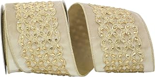 Reliant Ribbon Beaded Plush Velvet Embroidery Wired Edge Ribbon, 4 Inch X 5 Yards, Camel
