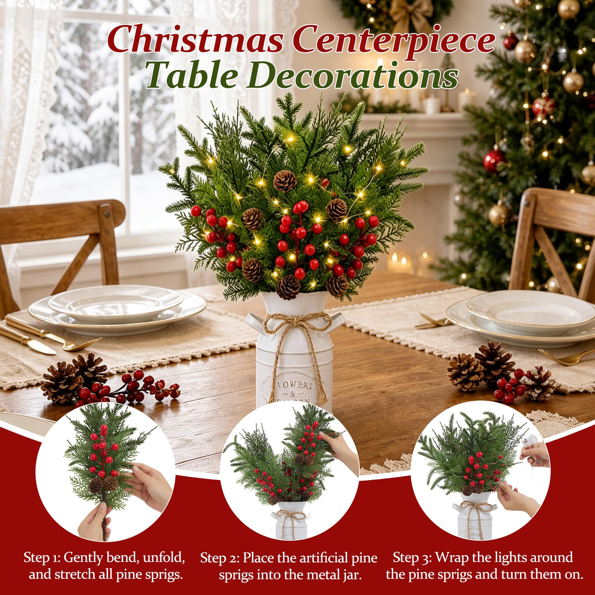 KIVIVO Christmas Centerpiece, Metal Pot with Norfolk Pine Stems, Red