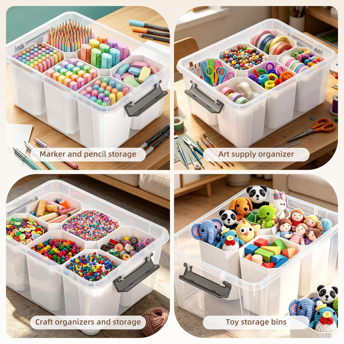 Citylife Craft Organizer Bin with Lid, 17 Quart with 6 Dividers, Clear White