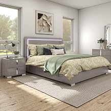 Furniture of America Alistair Modern Wood 2-Piece Bedroom Set with LED on Headboard Bed, Ball-Bearing Glides, Vertical Chrome Handles on Nightstand, Box Spring Required, Queen, Light Taupe