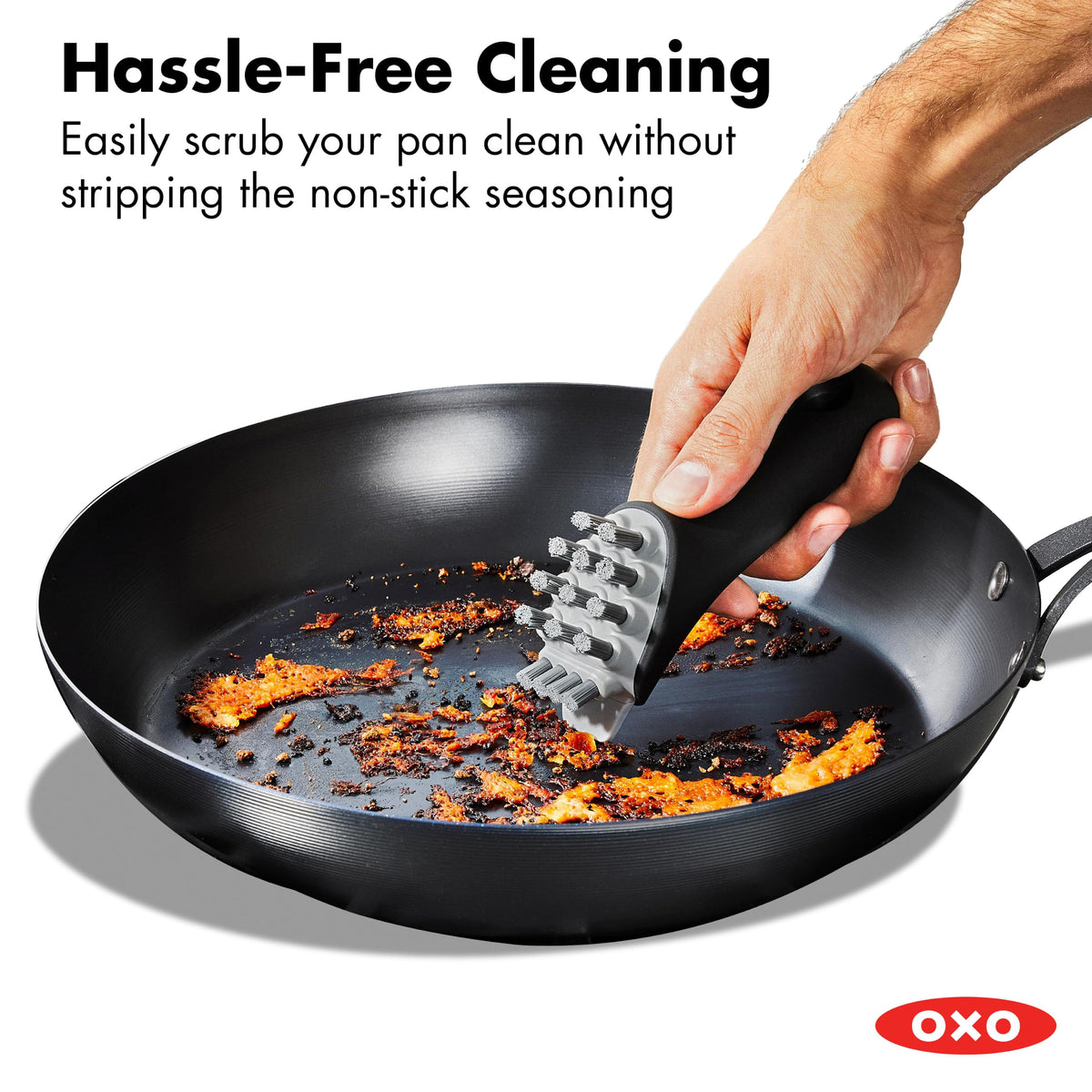 Obsidian 10” Carbon Steel Frying Pan by OXO – 10" Fry Pan with Silicone Sleeve and Brush, 3.0 cups, Cast Iron, Black, Model CC011490-001