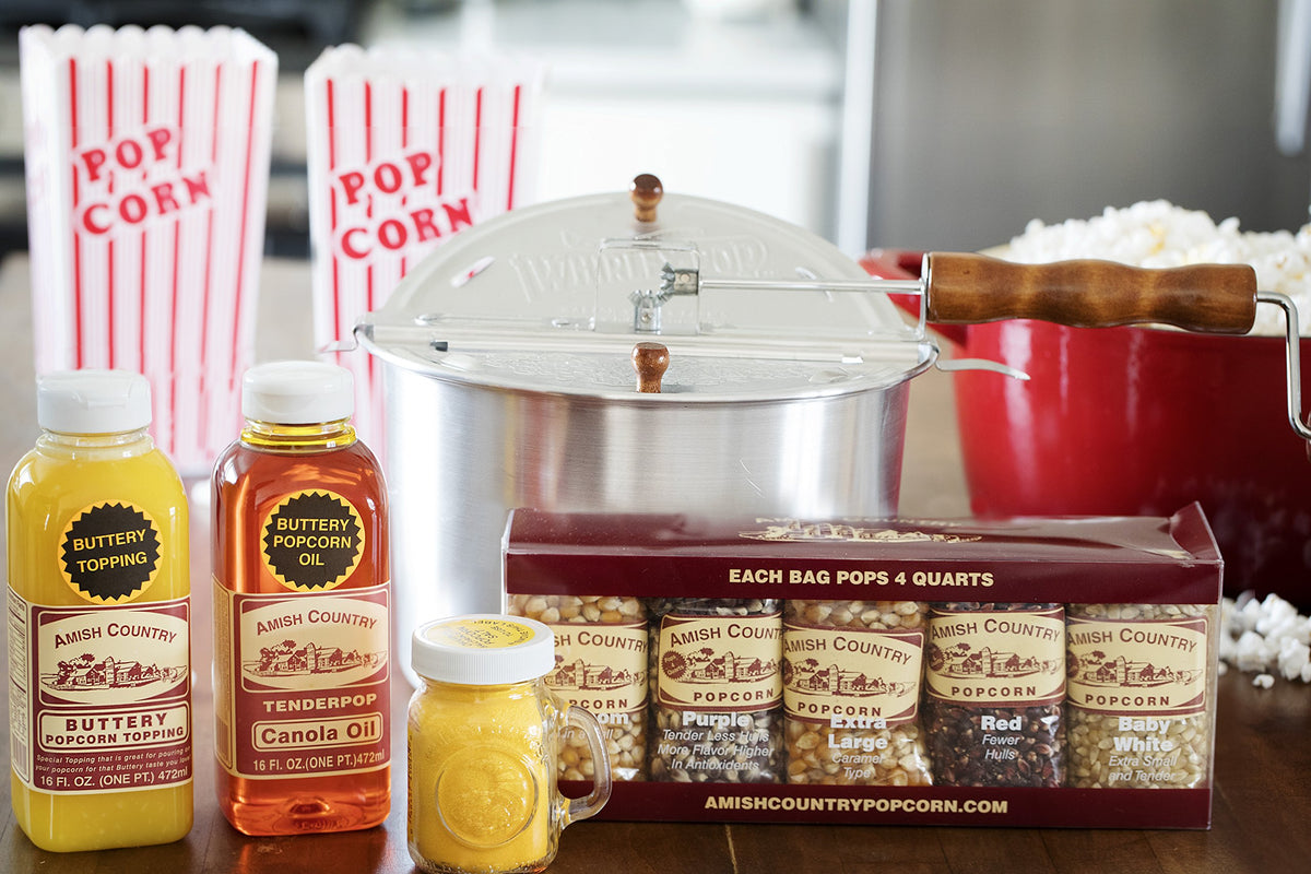 6 Quart Whirley Pop Stovetop Popcorn Gift Set | Old Fashioned by Amish Country Popcorn – 1 Count (Pack of 1), Model ACP698865