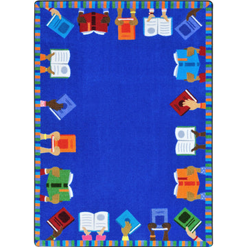 Raise Your Hands for Reading 5'4" x 7'8" Rug by Joy Carpets – 5'4" x 7'8" (Rectangular), Nylon, Blue, Model 1947C