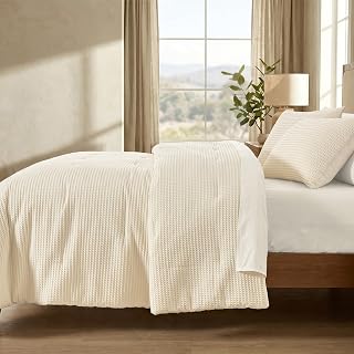 Natural Cream Waffle Weave Comforter Set King, 3-Piece Cotton Face Anti-Snag Bedding, Japandi Linen-Like Texture Pet-Friendly All-Season Comforter for Hot Sleepers