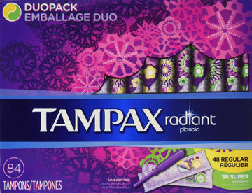 Radiant Plastic Tampons Duo Pack by Tampax – 84 Count (Pack of 1), Plastic, Model 674207