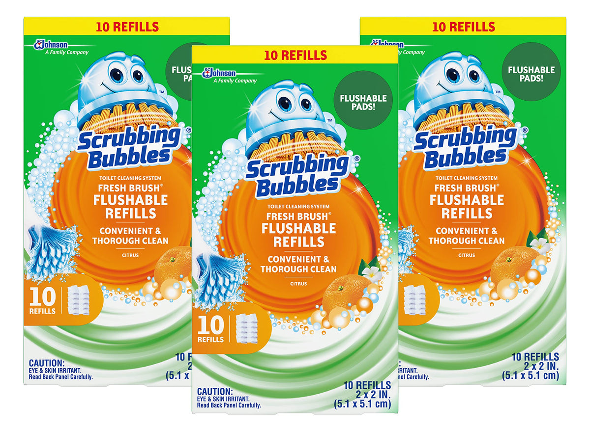 Fresh Brush Flushable Refills - Citrus Action Scent - 10 Count Flushable Refills Per Box - Pack of 3 Boxes by Scrubbing Bubbles – 12 Count (Pack of 3), White, Model 025700711025