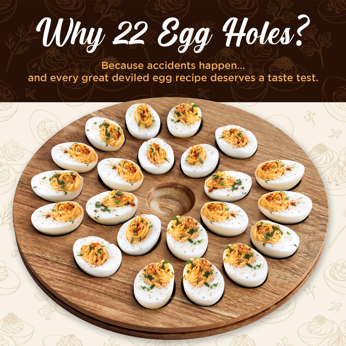 Trayful Deviled Egg Tray with Lid, Acacia Wood Carrier, Holds 22 Eggs, Acacia