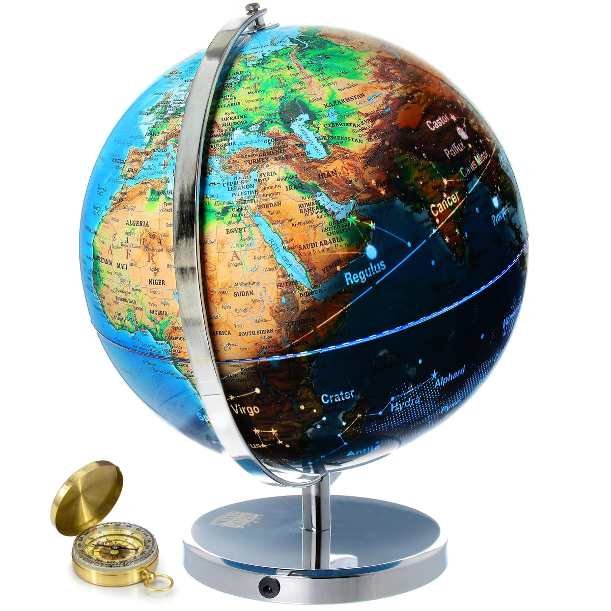 13” Illuminated Constellation World Globe for Kids & Adults by GET LIFE BASICS – Plastic, Geographic Map with Illuminated Constellations, Model glb101