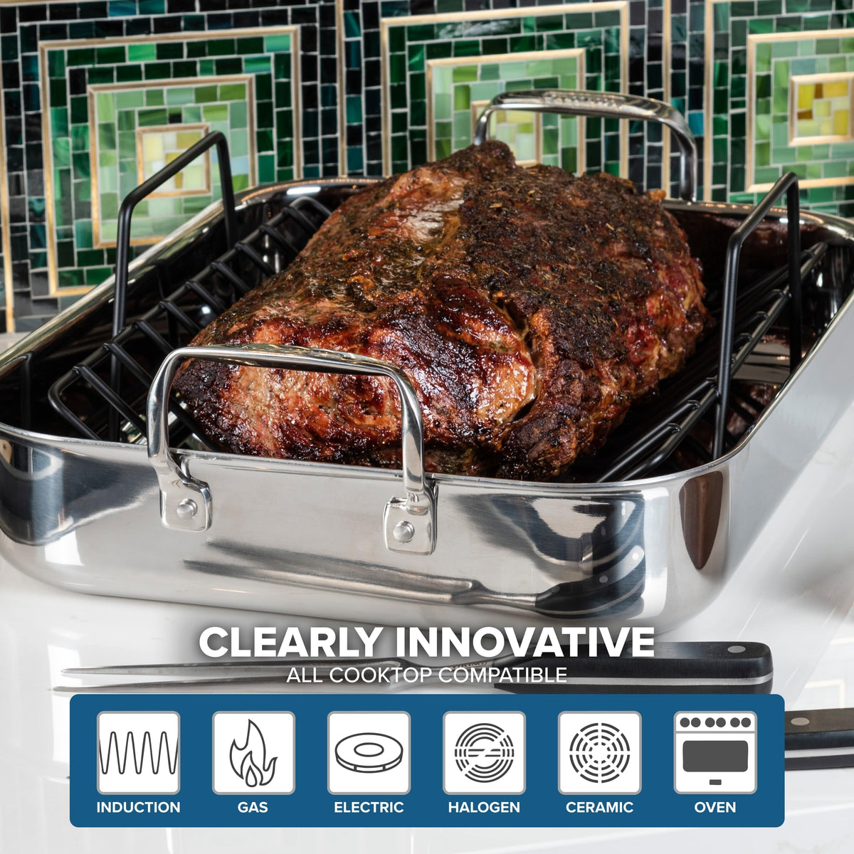 Viking Stainless Steel Roasting Pan with Rack, 16 x 13 Inch, Silver