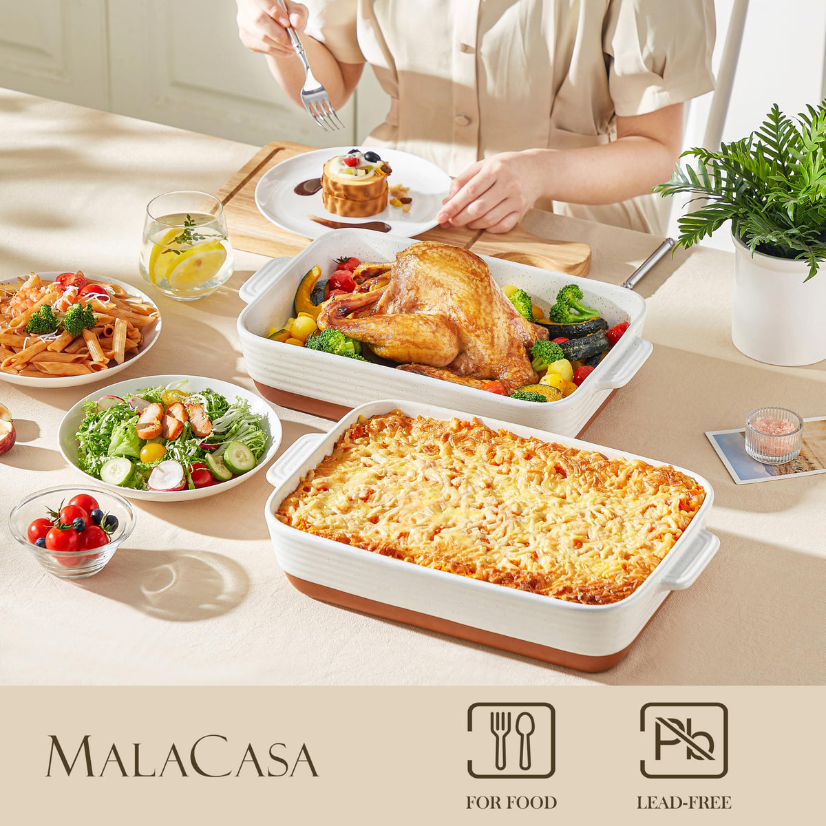 Malacasa Stoneware Baking Pan, 9x13 Inch Extra Large, Khaki White