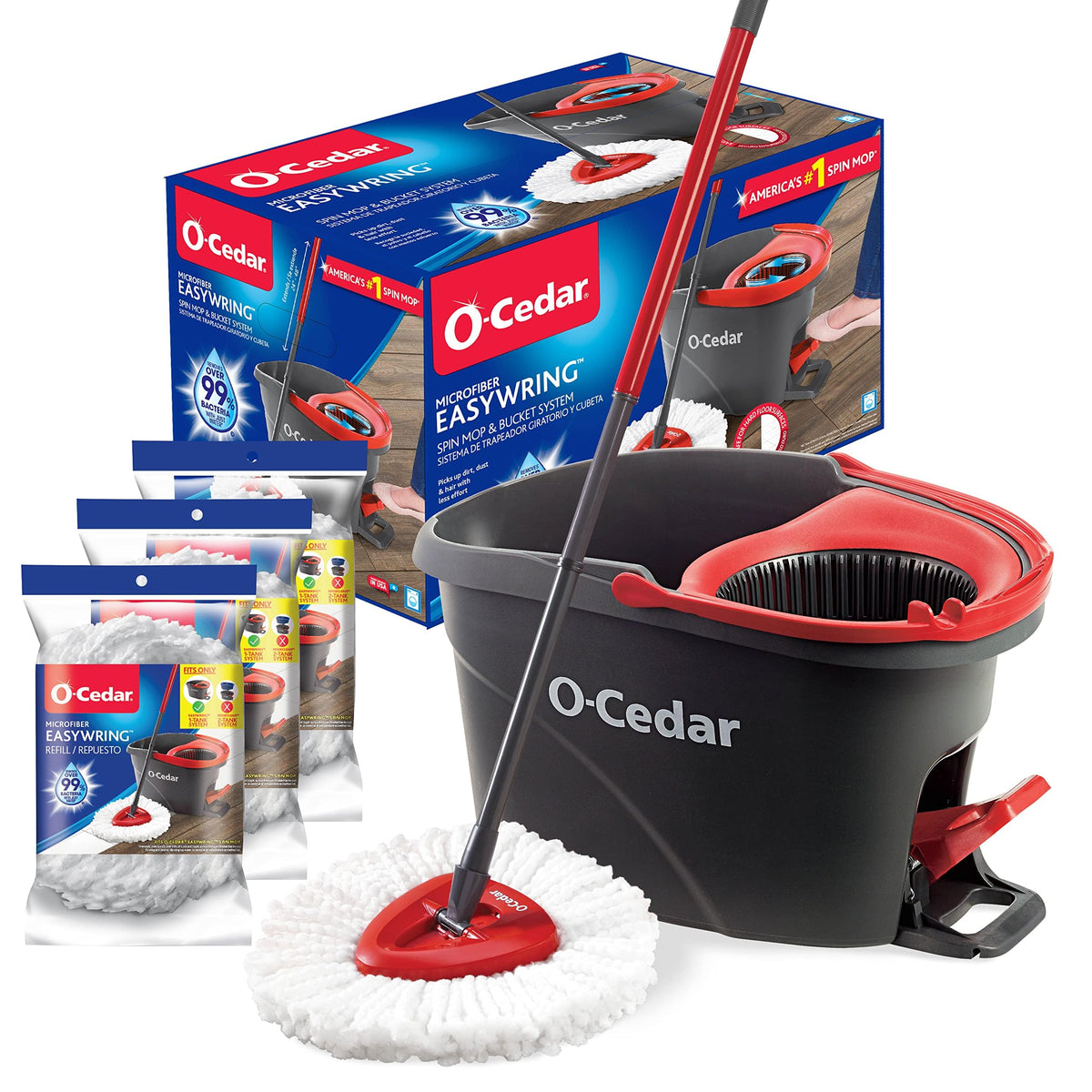 System Easy Wring Spin Mop & Bucket with 3 Extra Refills by O-Cedar – EasyWring + 3 Refills, Microfiber, Plastic, Stainless Steel, Red / Gray, Model 041785998793