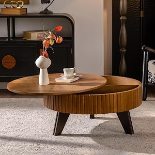 32" Retro Style Coffee Table, Round Coffee Table with Stable Structure, Mesa De Centro para Sala with Large Storage for Living Room Office, Natural