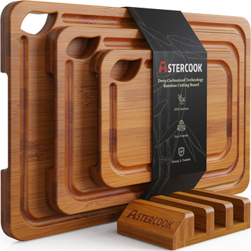Astercook Bamboo Cutting Board Set with Stand, Deep-Carbonized, 3 Piece